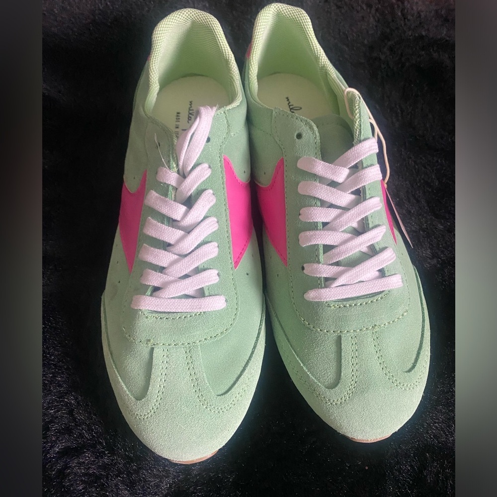 Mila Paoli mint green & hot pink suede leather casual sneakers Italy 41 9.5 US